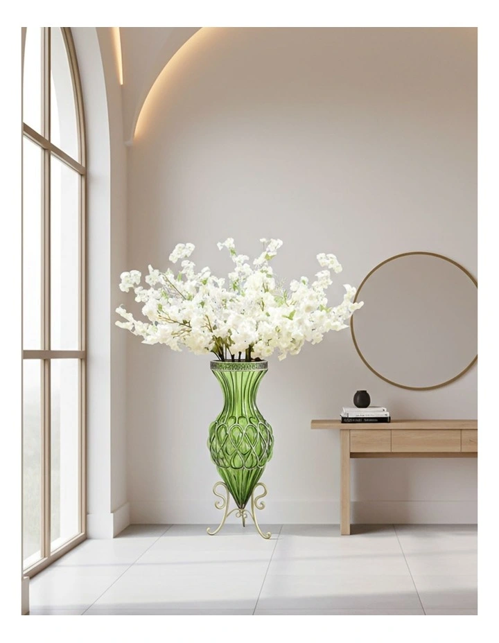 SOGA 67cm Green Glass Tall Floor Vase with 10pcs White Artificial Fake Flower Set image 4