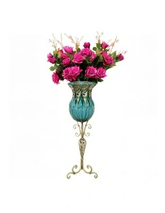 SOGA 85cm Blue Glass Tall Floor Vase and 12pcs Dark Pink Artificial Fake Flower Set