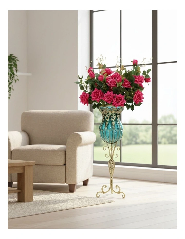SOGA 85cm Blue Glass Tall Floor Vase and 12pcs Dark Pink Artificial Fake Flower Set image 2