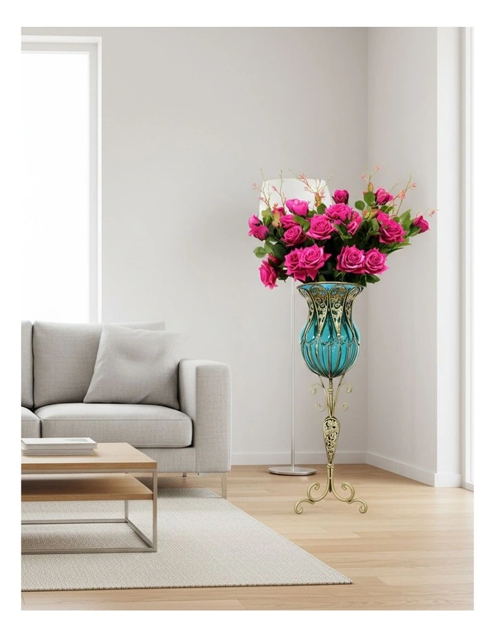 SOGA 85cm Blue Glass Tall Floor Vase and 12pcs Dark Pink Artificial Fake Flower Set image 3