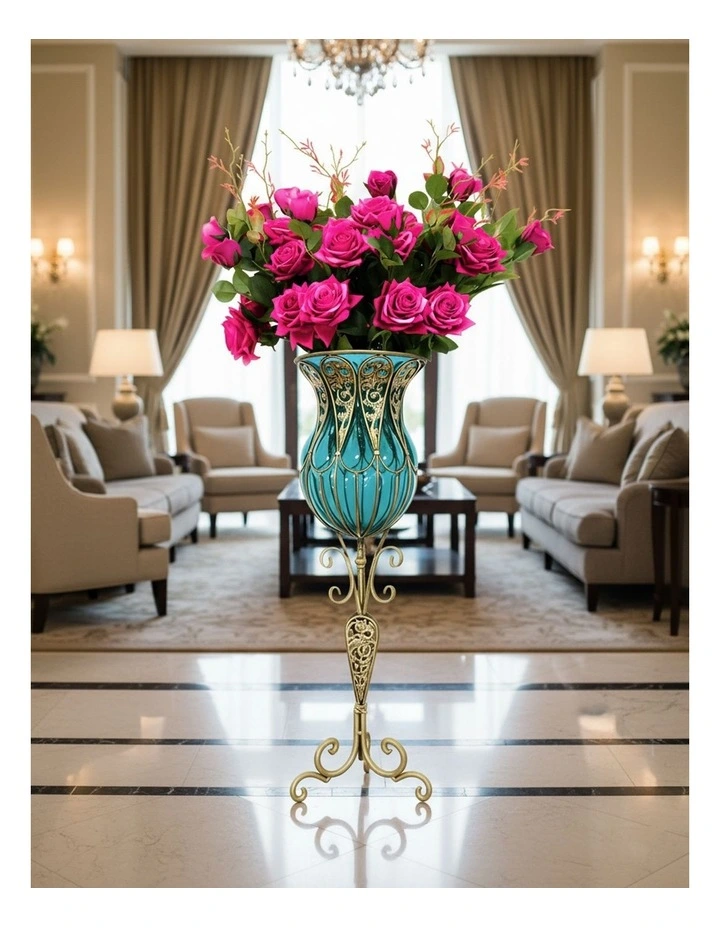 SOGA 85cm Blue Glass Tall Floor Vase and 12pcs Dark Pink Artificial Fake Flower Set image 4
