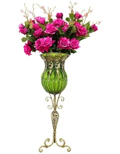 SOGA 85cm Green Glass Floor Vase with 12 Dark Pink Artificial Flowers