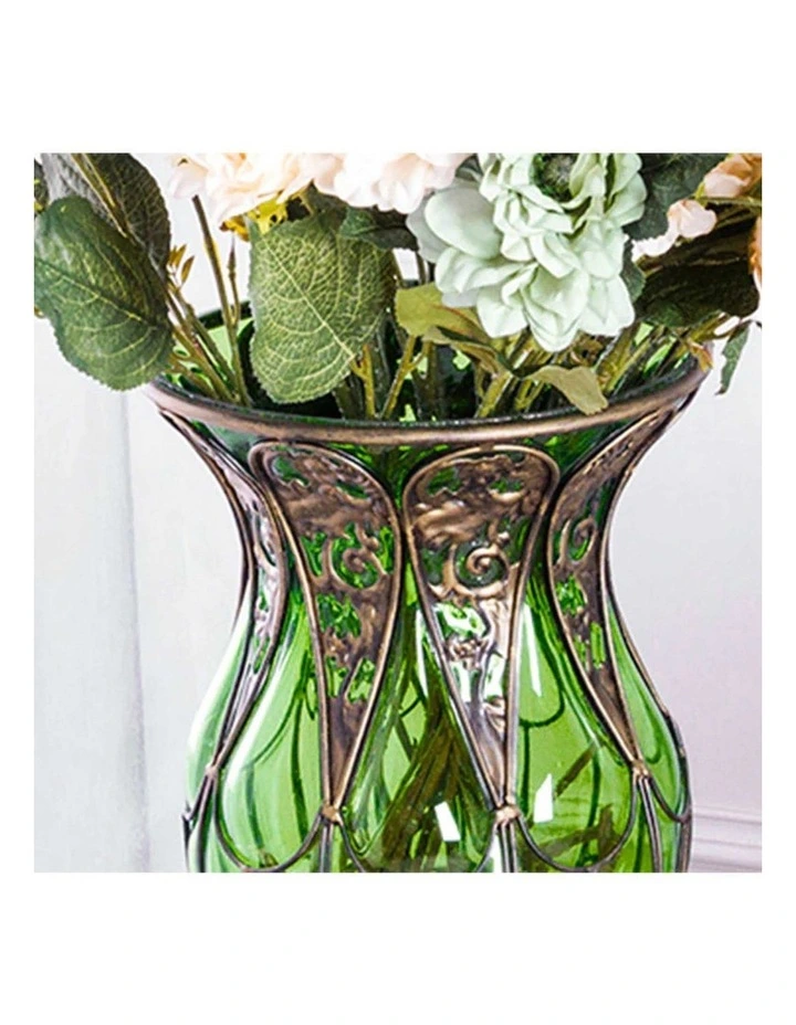 SOGA 85cm Green Glass Floor Vase with 12 Dark Pink Artificial Flowers image 4