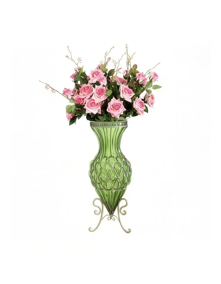 SOGA 67cm Green Glass Tall Floor Vase and 12pcs Pink Artificial Fake Flower Set image 1