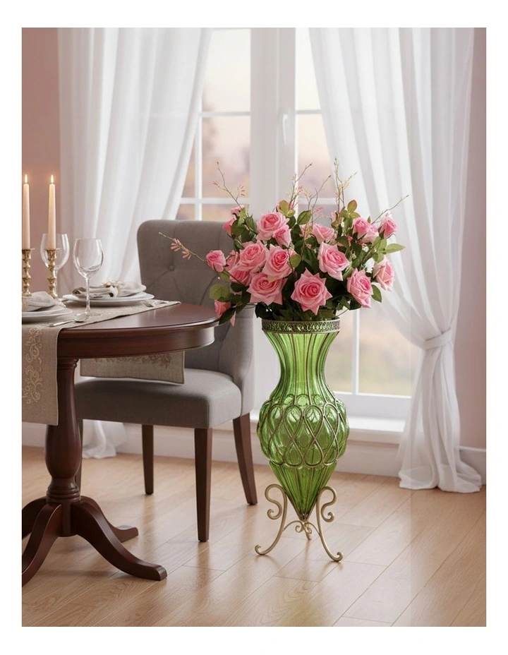SOGA 67cm Green Glass Tall Floor Vase and 12pcs Pink Artificial Fake Flower Set image 2