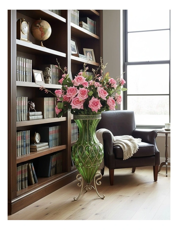 SOGA 67cm Green Glass Tall Floor Vase and 12pcs Pink Artificial Fake Flower Set image 3