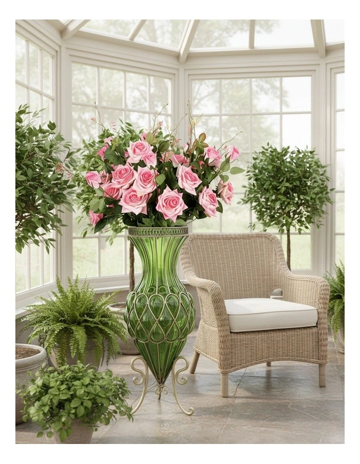 SOGA 67cm Green Glass Tall Floor Vase and 12pcs Pink Artificial Fake Flower Set image 4