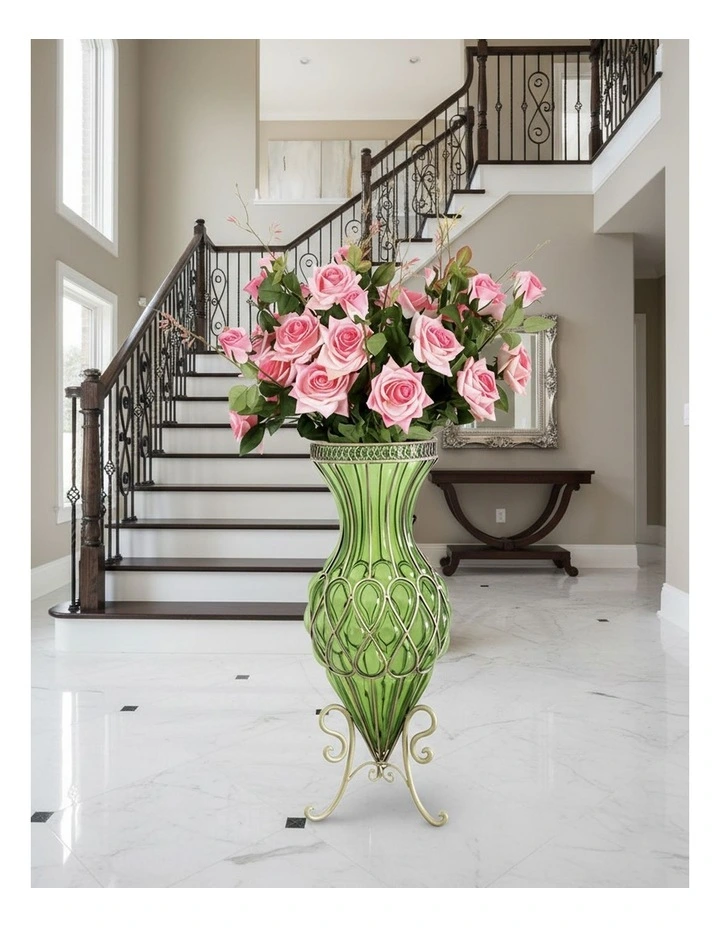 SOGA 67cm Green Glass Tall Floor Vase and 12pcs Pink Artificial Fake Flower Set image 5