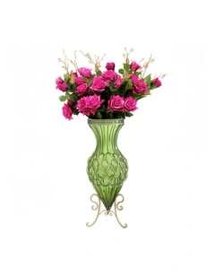 SOGA 67cm Green Glass Tall Floor Vase and 12pcs Dark Pink Artificial Fake Flower Set