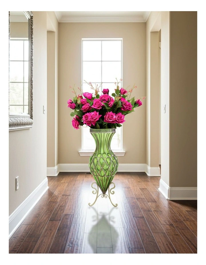 SOGA 67cm Green Glass Tall Floor Vase and 12pcs Dark Pink Artificial Fake Flower Set image 2