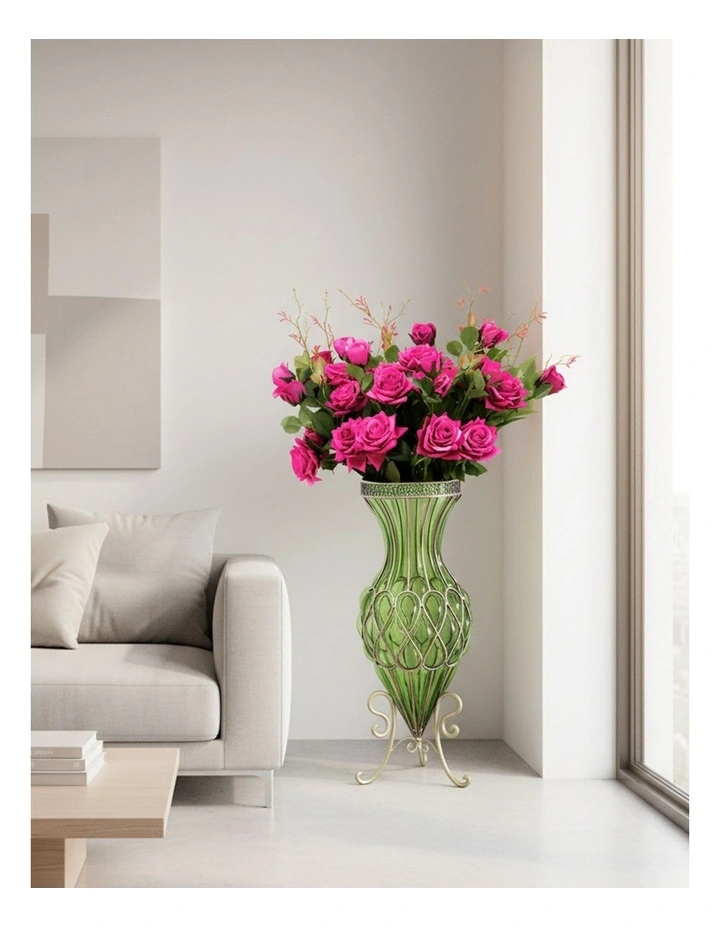 SOGA 67cm Green Glass Tall Floor Vase and 12pcs Dark Pink Artificial Fake Flower Set image 3
