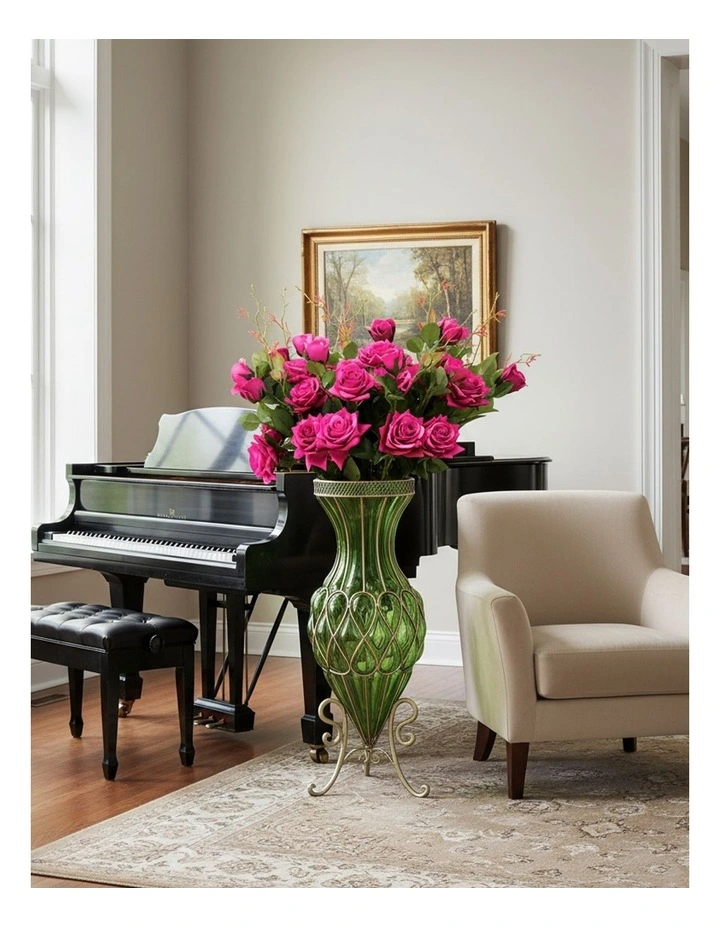 SOGA 67cm Green Glass Tall Floor Vase and 12pcs Dark Pink Artificial Fake Flower Set image 4