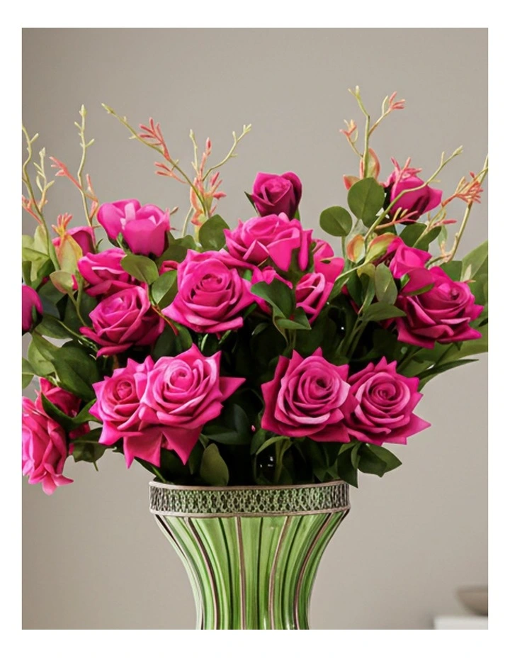 SOGA 67cm Green Glass Tall Floor Vase and 12pcs Dark Pink Artificial Fake Flower Set image 5