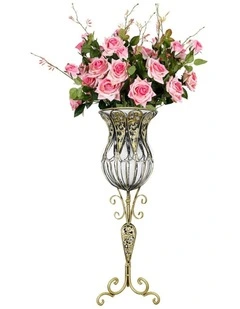 SOGA 85cm Clear Glass Tall Floor Vase with 12pcs Pink Artificial Fake Flower Set