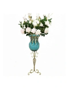 SOGA 85cm Blue Glass Tall Floor Vase and 12pcs White Artificial Fake Flower Set