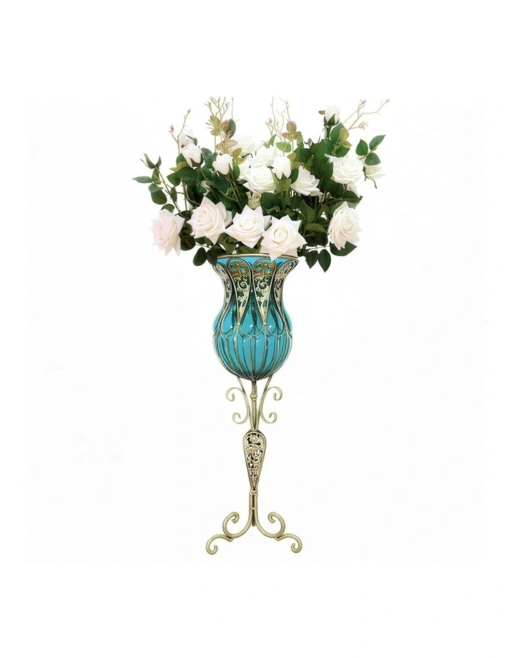 SOGA 85cm Blue Glass Tall Floor Vase and 12pcs White Artificial Fake Flower Set image 1