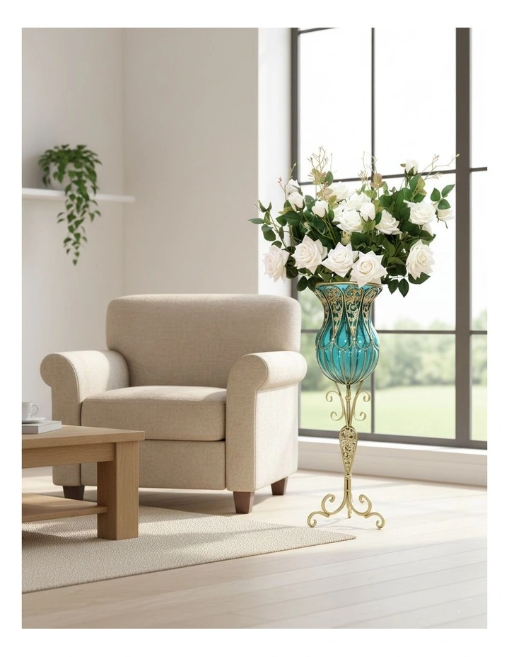 SOGA 85cm Blue Glass Tall Floor Vase and 12pcs White Artificial Fake Flower Set image 2