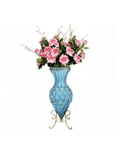 SOGA 67cm Blue Glass Tall Floor Vase and 12pcs Pink Artificial Fake Flower Set