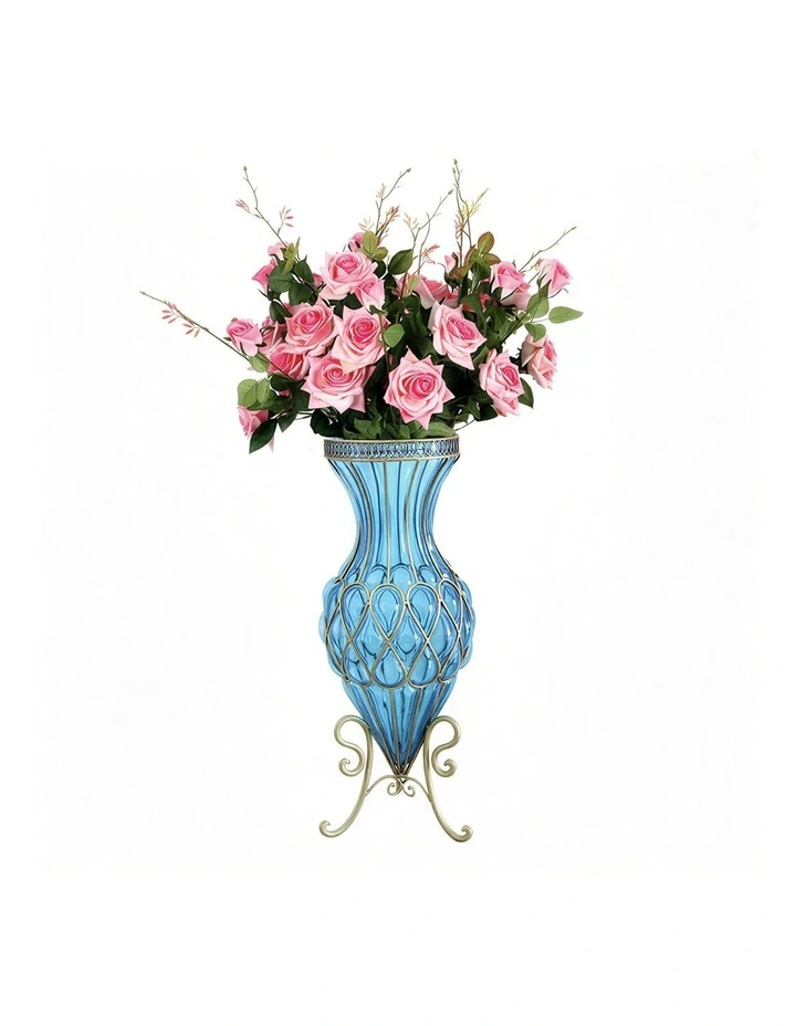 SOGA 67cm Blue Glass Tall Floor Vase and 12pcs Pink Artificial Fake Flower Set image 1