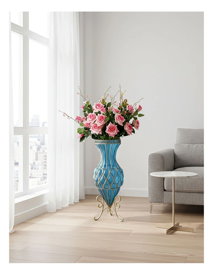 SOGA 67cm Blue Glass Tall Floor Vase and 12pcs Pink Artificial Fake Flower Set image 2