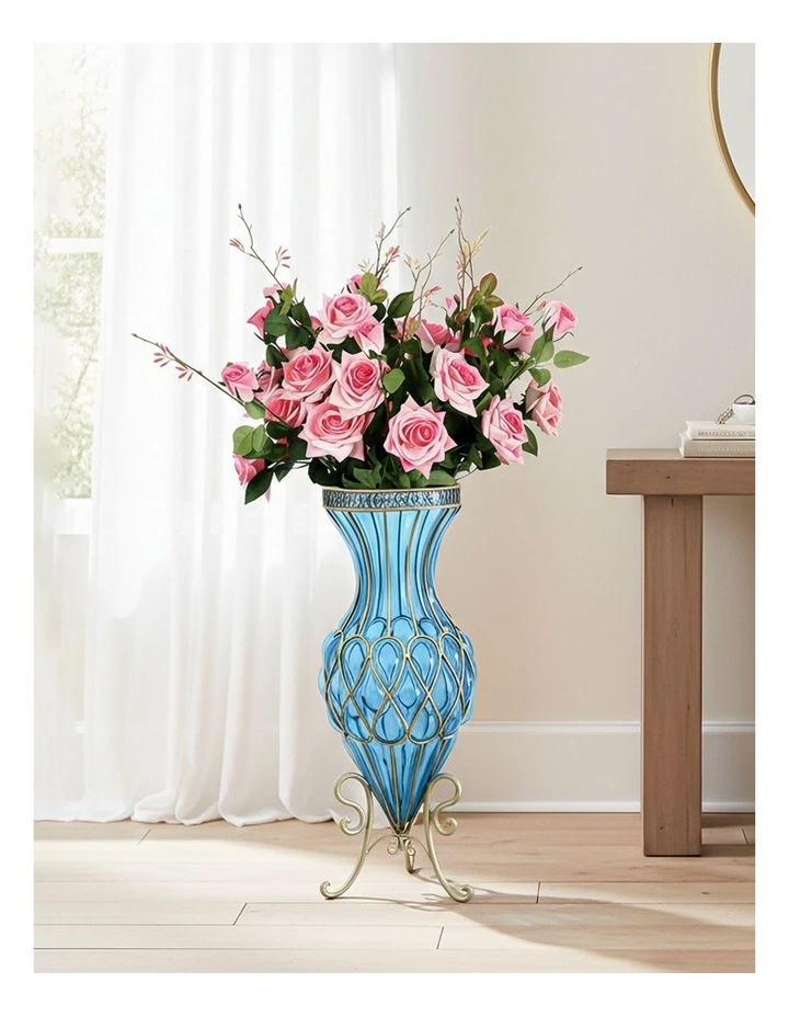 SOGA 67cm Blue Glass Tall Floor Vase and 12pcs Pink Artificial Fake Flower Set image 3
