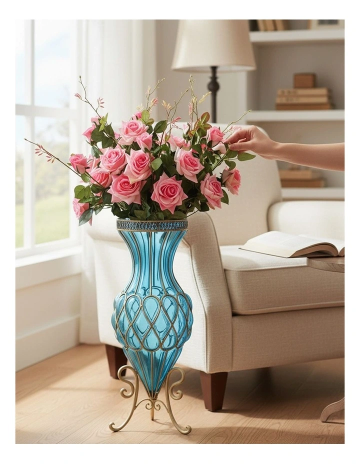 SOGA 67cm Blue Glass Tall Floor Vase and 12pcs Pink Artificial Fake Flower Set image 4