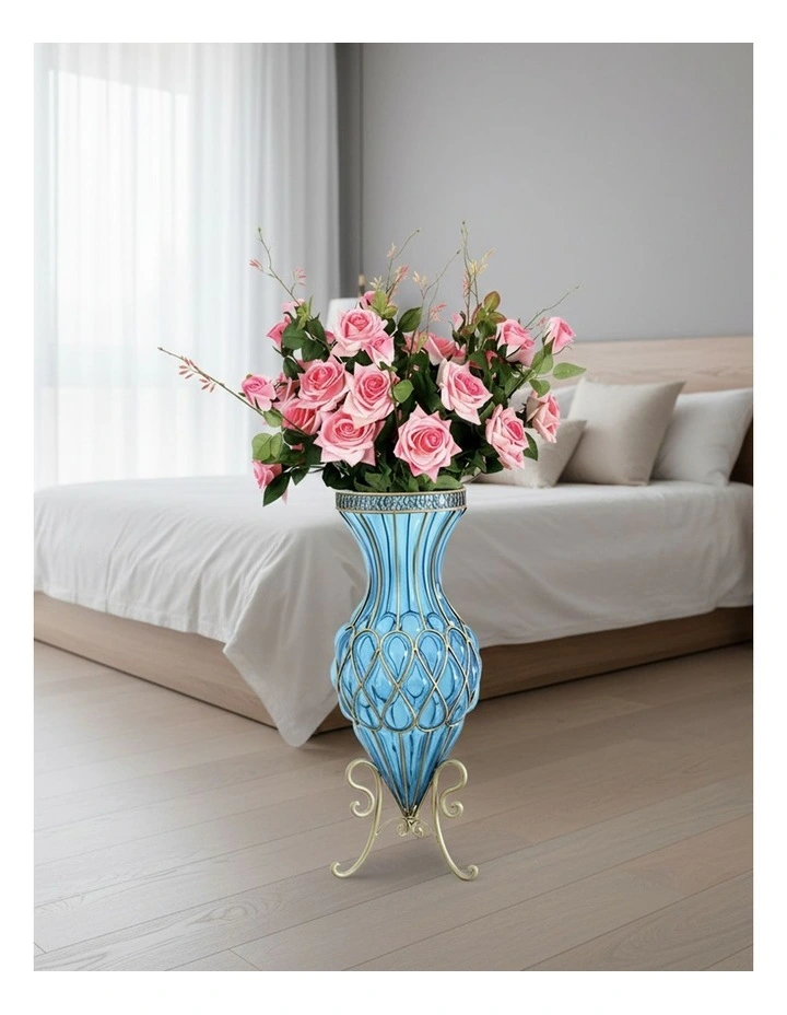SOGA 67cm Blue Glass Tall Floor Vase and 12pcs Pink Artificial Fake Flower Set image 5