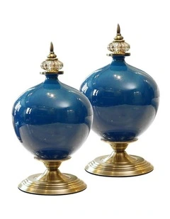 SOGA 2x 38cm Ceramic Oval Flower Vase with Gold Metal Base Dark Blue