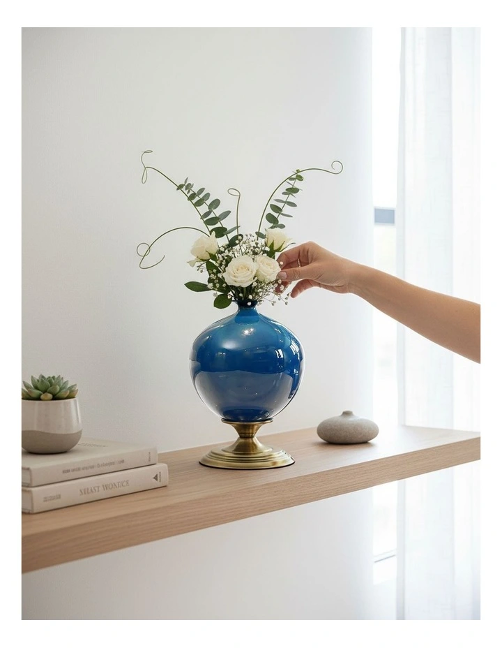 SOGA 2x 38cm Ceramic Oval Flower Vase with Gold Metal Base Dark Blue image 7
