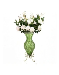 SOGA 67cm Green Glass Tall Floor Vase and 12pcs White Artificial Fake Flower Set