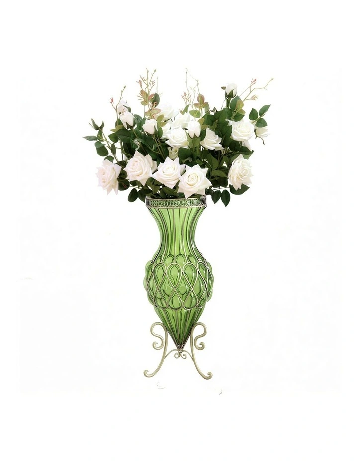SOGA 67cm Green Glass Tall Floor Vase and 12pcs White Artificial Fake Flower Set image 1