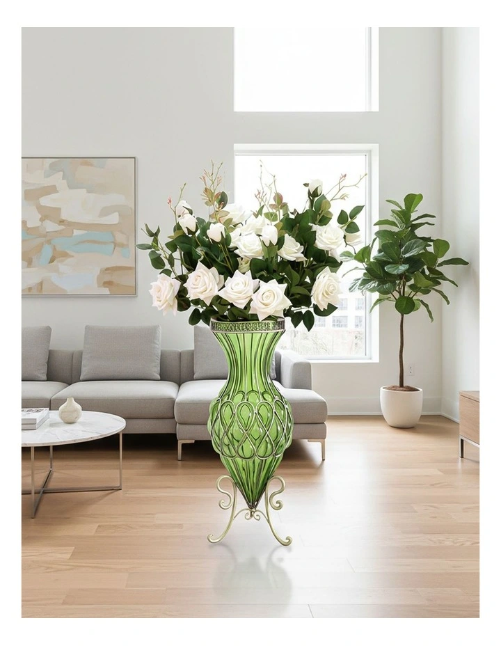 SOGA 67cm Green Glass Tall Floor Vase and 12pcs White Artificial Fake Flower Set image 2