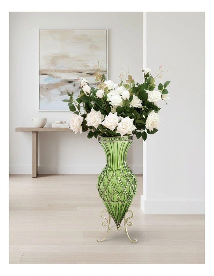 SOGA 67cm Green Glass Tall Floor Vase and 12pcs White Artificial Fake Flower Set image 4