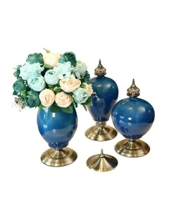 SOGA 3x Ceramic Oval Flower Vase with Blue Flower Set Dark Blue