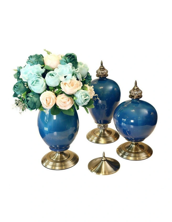 SOGA 3x Ceramic Oval Flower Vase with Blue Flower Set Dark Blue image 1