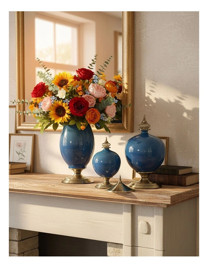 SOGA 3x Ceramic Oval Flower Vase with Blue Flower Set Dark Blue image 2