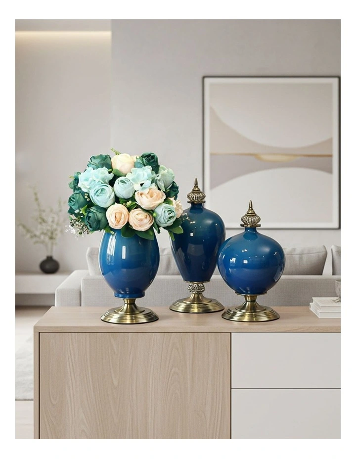 SOGA 3x Ceramic Oval Flower Vase with Blue Flower Set Dark Blue image 3