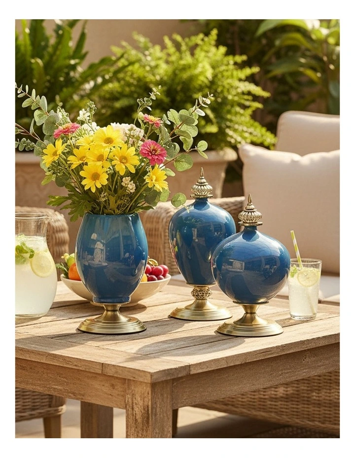 SOGA 3x Ceramic Oval Flower Vase with Blue Flower Set Dark Blue image 4