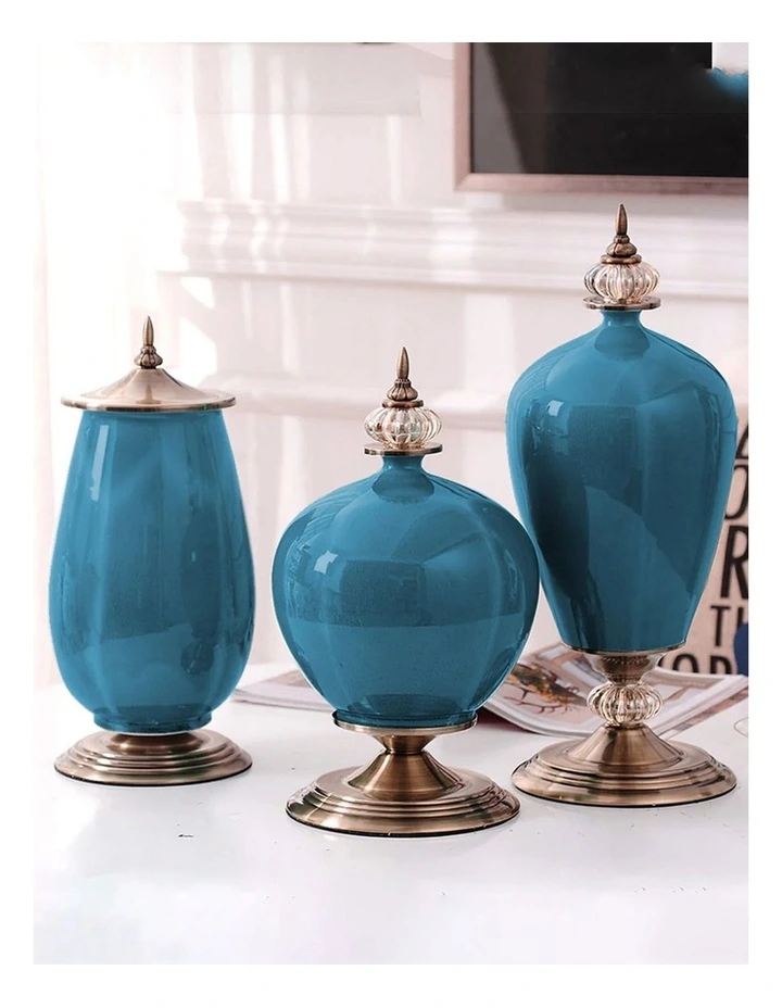 SOGA 3x Ceramic Oval Flower Vase with Blue Flower Set Dark Blue image 5