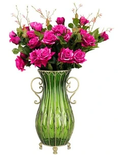 SOGA 51cm Green Glass Tall Floor Vase with 12pcs Artificial Fake Flower Set