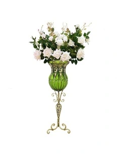 SOGA 85cm Green Glass Tall Floor Vase and 12pcs White Artificial Fake Flower Set