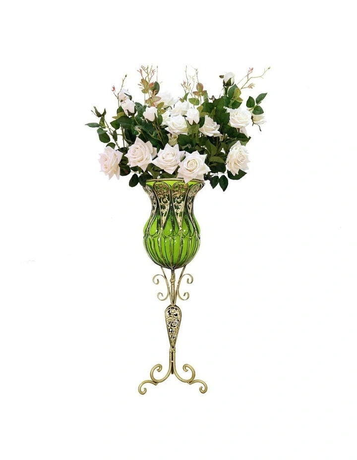 SOGA 85cm Green Glass Tall Floor Vase and 12pcs White Artificial Fake Flower Set image 1