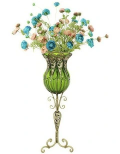 SOGA 85cm Green Glass Tall Floor Vase and 12pcs Blue Artificial Fake Flower Set