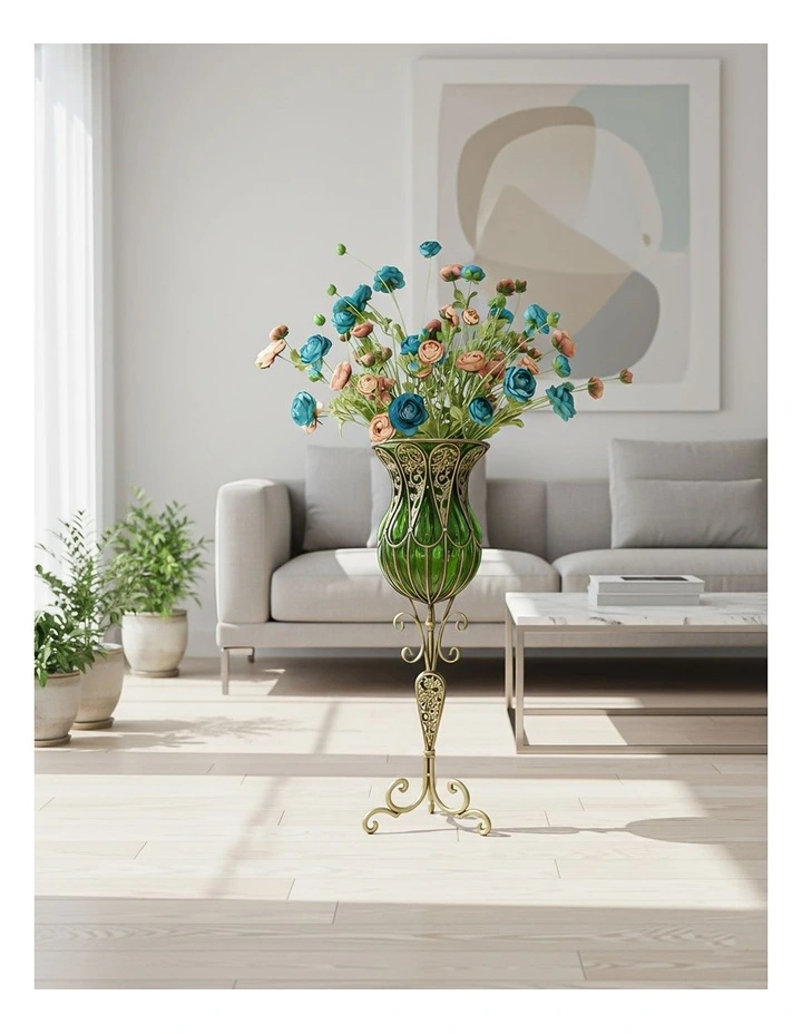 SOGA 85cm Green Glass Tall Floor Vase and 12pcs Blue Artificial Fake Flower Set image 2
