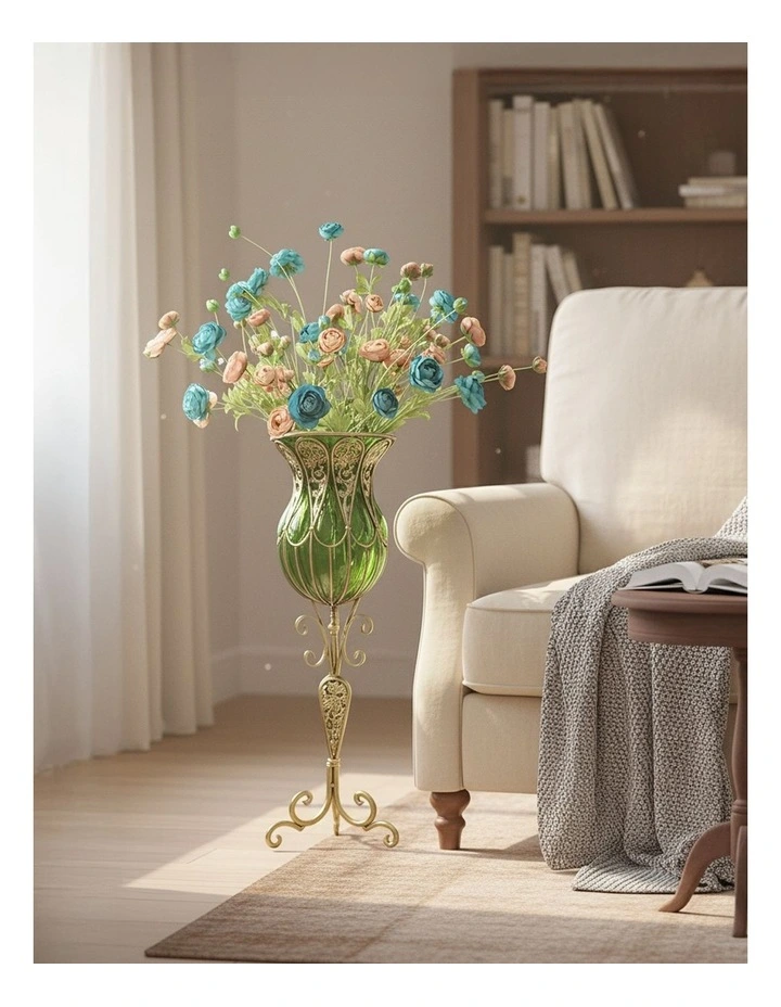 SOGA 85cm Green Glass Tall Floor Vase and 12pcs Blue Artificial Fake Flower Set image 3