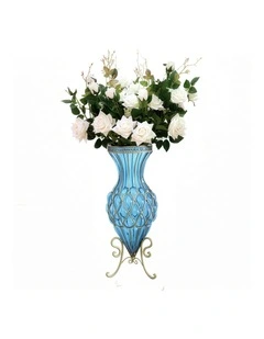 SOGA 67cm Blue Glass Tall Floor Vase and 12pcs White Artificial Fake Flower Set