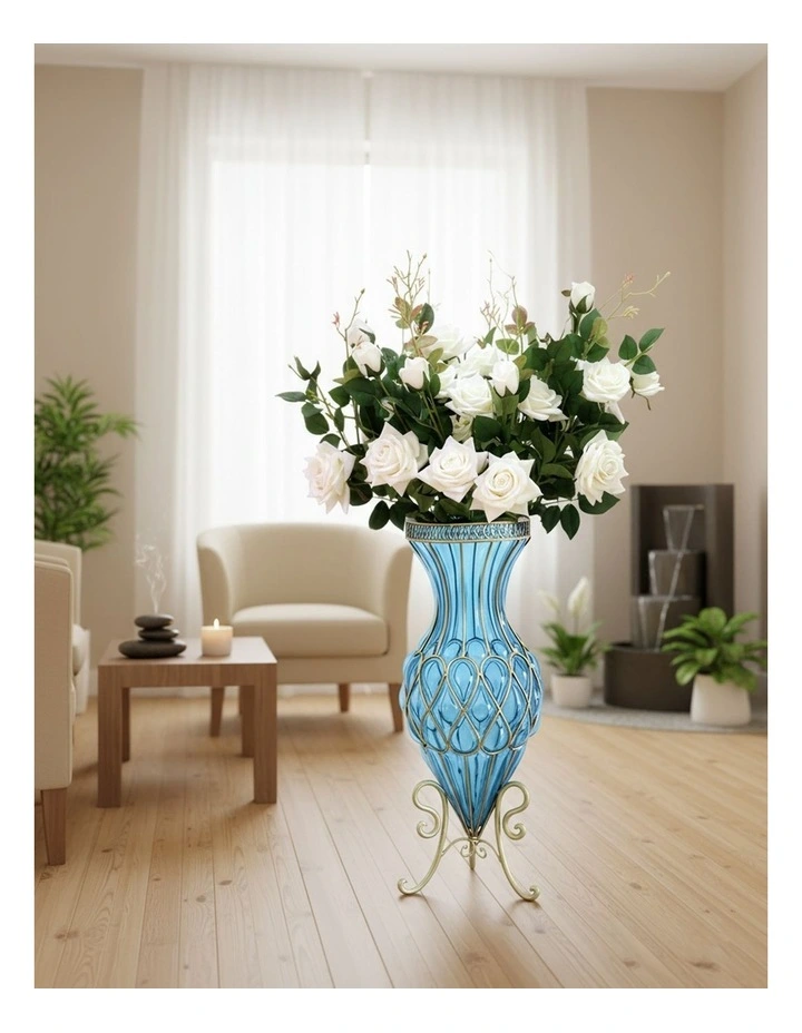 SOGA 67cm Blue Glass Tall Floor Vase and 12pcs White Artificial Fake Flower Set image 2