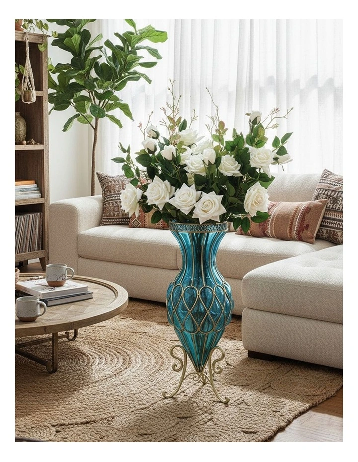 SOGA 67cm Blue Glass Tall Floor Vase and 12pcs White Artificial Fake Flower Set image 3