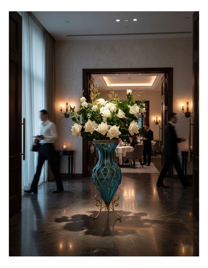 SOGA 67cm Blue Glass Tall Floor Vase and 12pcs White Artificial Fake Flower Set image 5