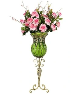 SOGA 85cm Green Glass Tall Floor Vase and 12pcs Pink Artificial Fake Flower Set